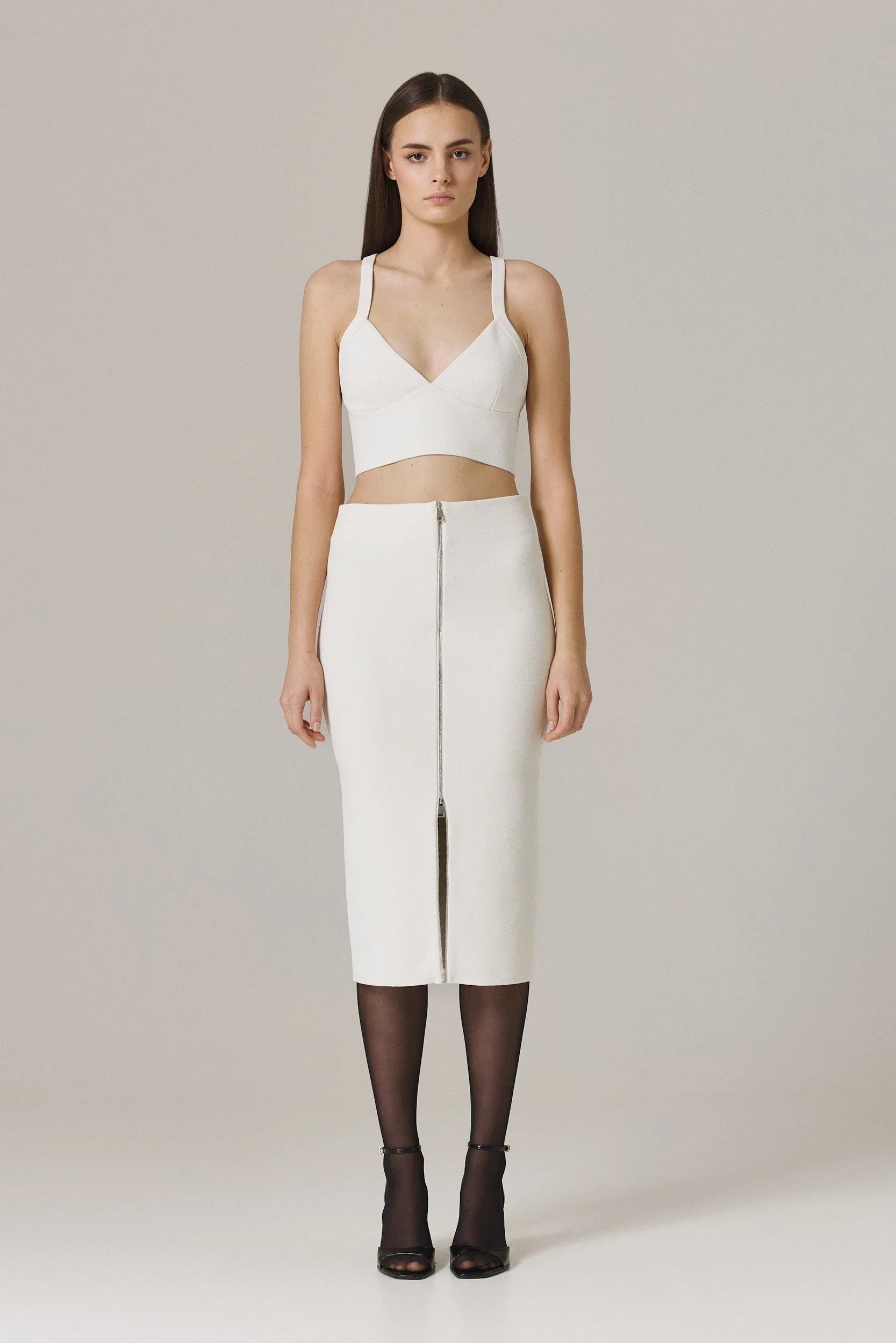 JANA CIRCLULAR KNIT PENCIL SKIRT WITH METAL ZIPPER IN SUGAR