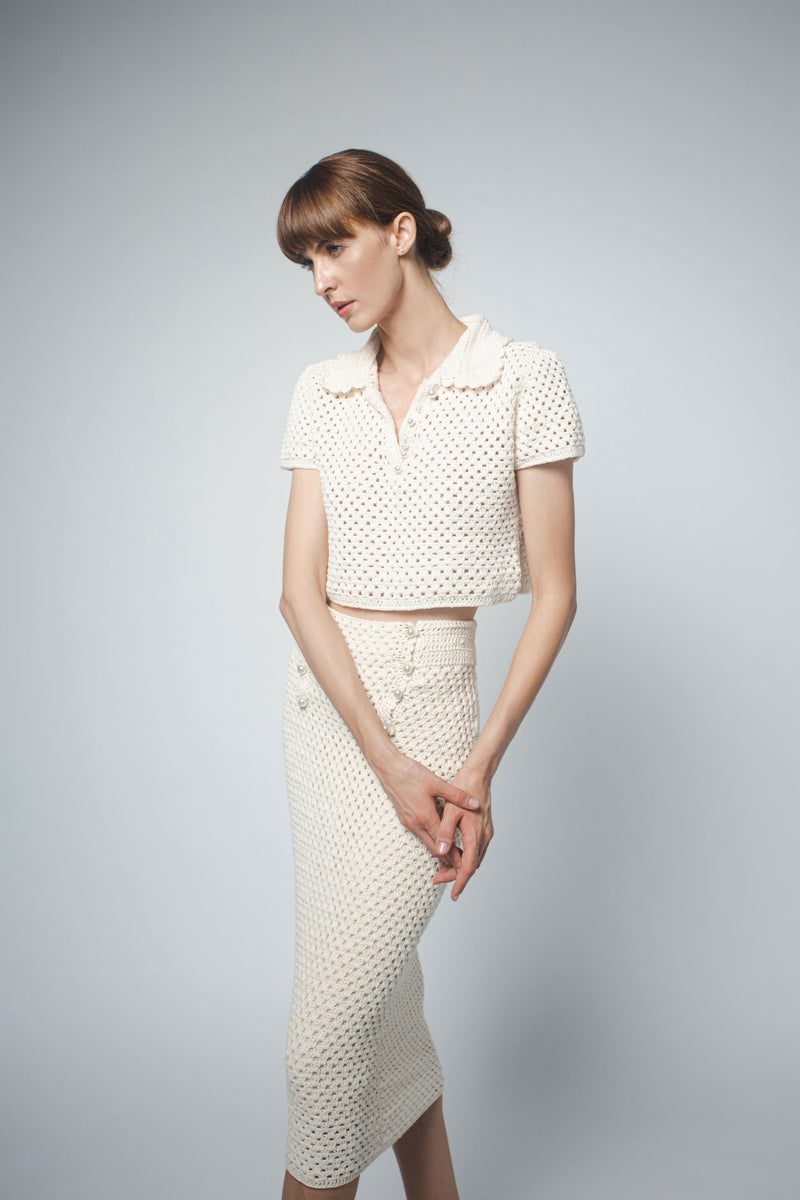 Santicler Collection - Margot Hand Crochet Cropped Polo In Pearl
