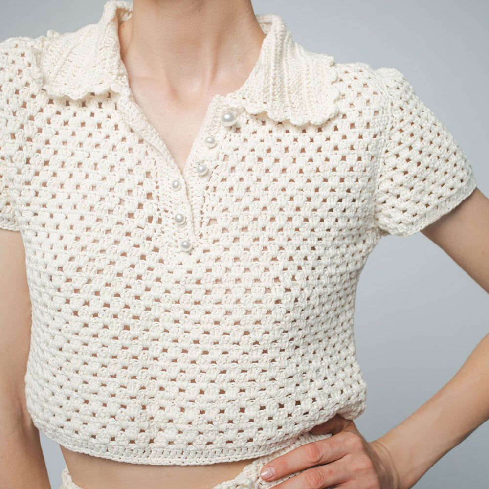 
                  
                    MARGOT HAND CROCHET CROPPED POLO IN PEARL
                  
                