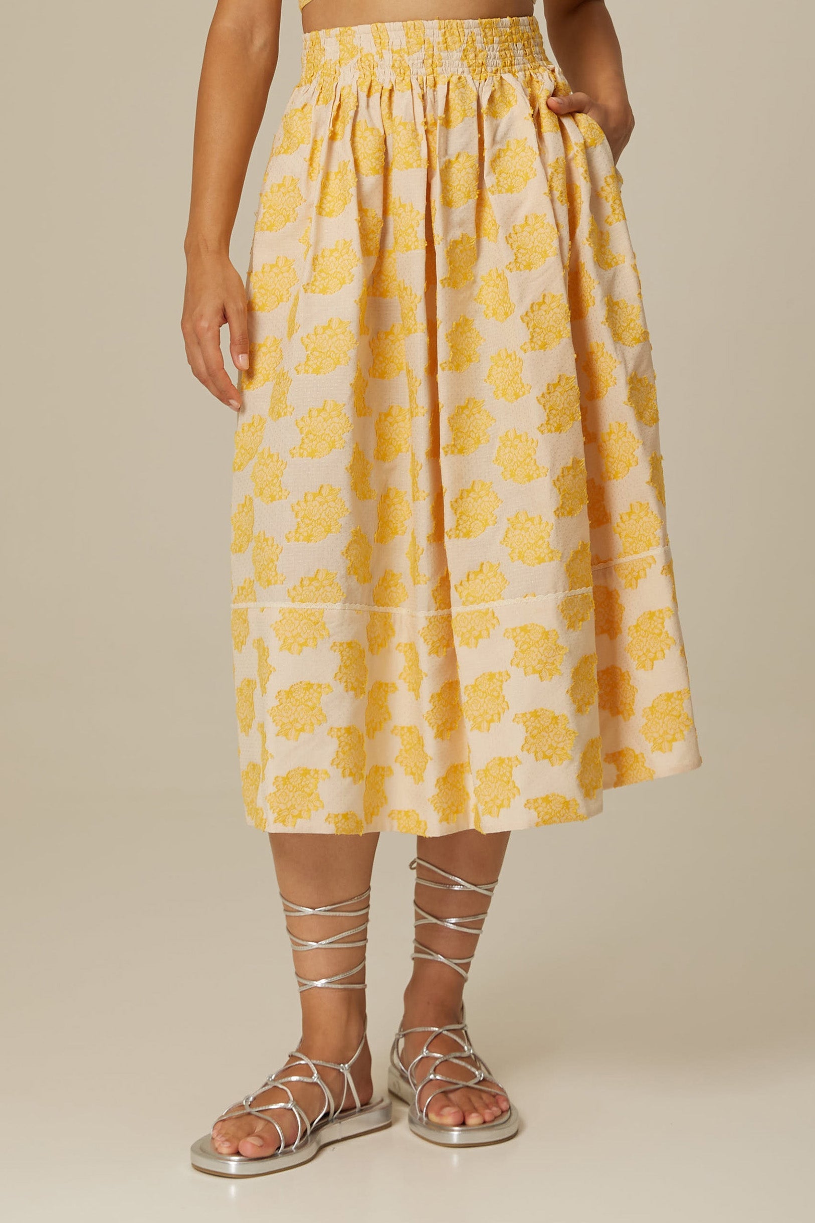 Mustard floral midi skirt best sale