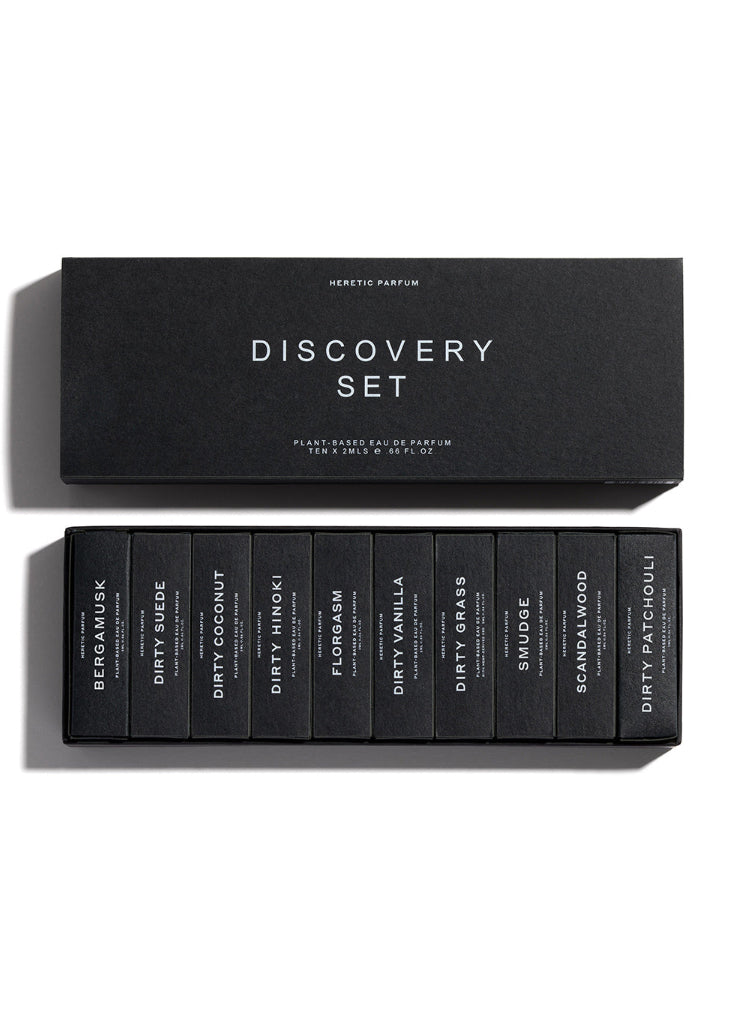 Black box labeled 'Discovery Set' with smaller black boxes listing various perfume names on a white background.