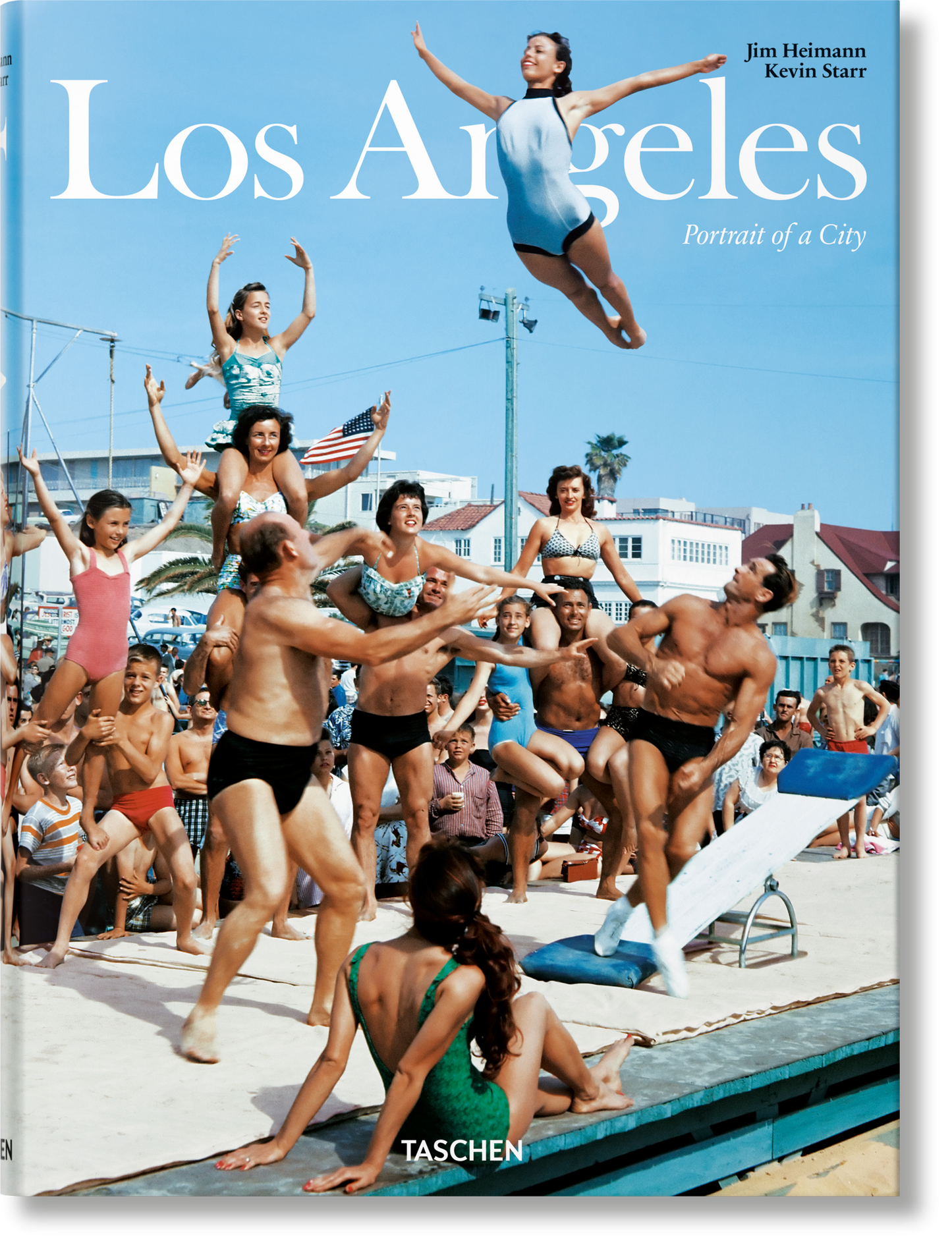Book cover of 'Los Angeles: Portrait of a City' by Jim Heimann and Kevin Starr, featuring a pool scene with people.