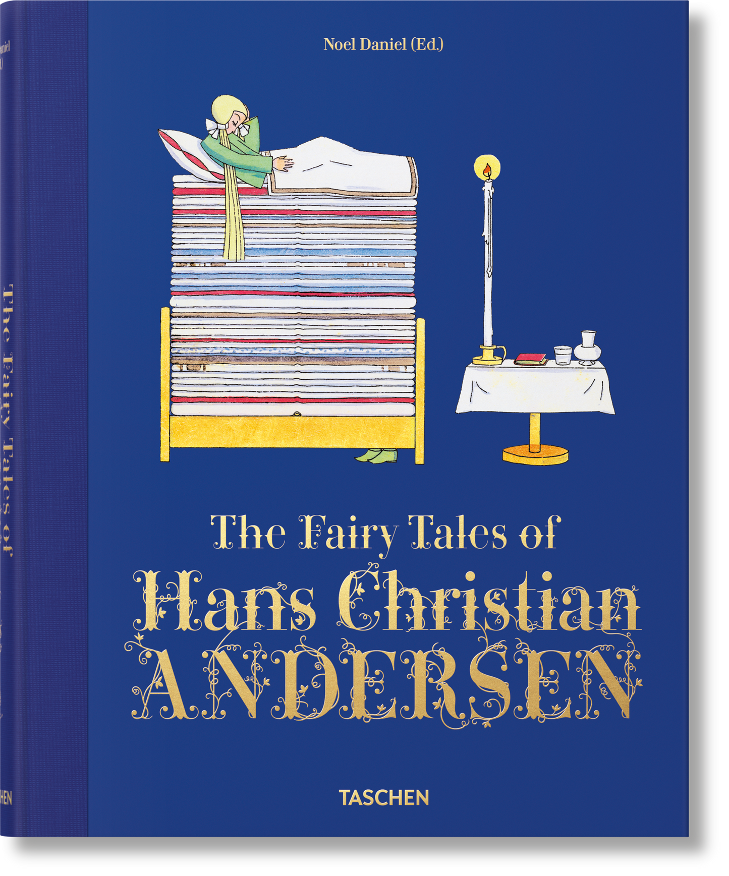 Book cover of 'The Fairy Tales of Hans Christian Andersen' with a blue background and illustration of a child reading.