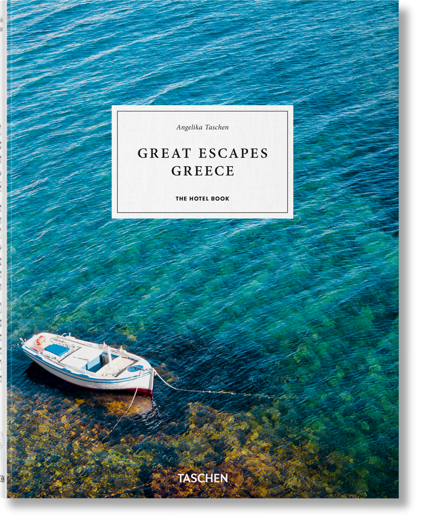 Book titled 'Great Escapes Greece' by Taschen with a boat on a blue water background