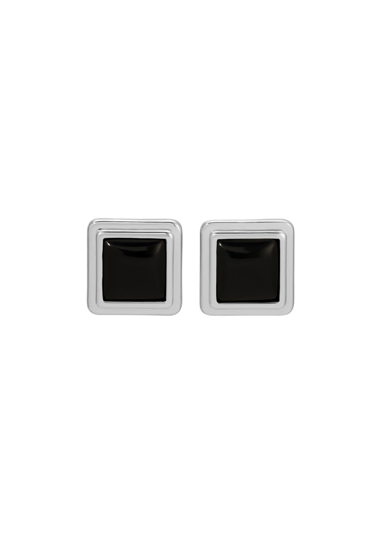 Pair of square silver earrings with black centers on a white background