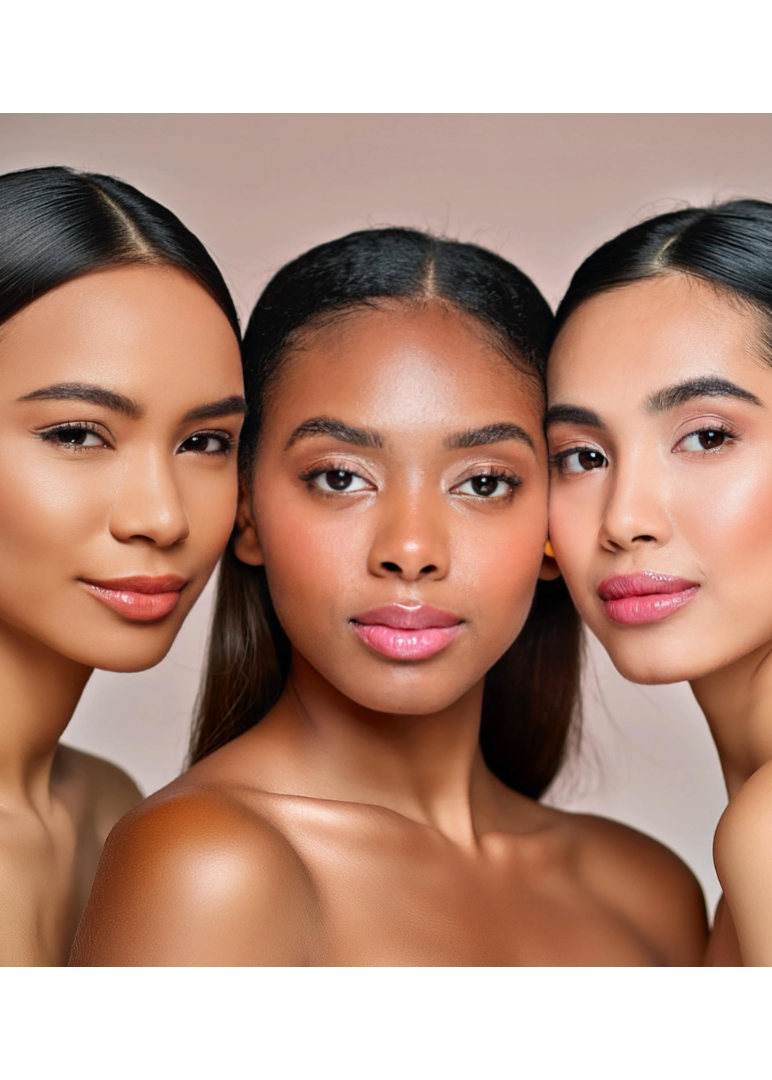 Three women with different skin tones posing together against a neutral background