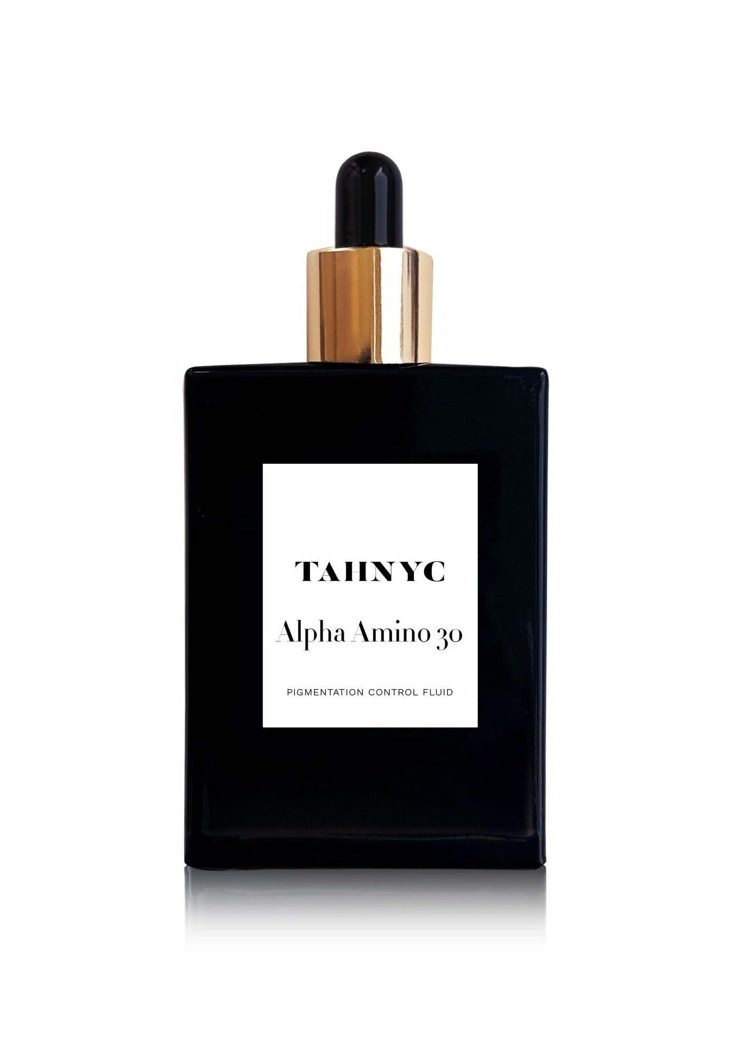 Black bottle with dropper labeled 'TAHNYC Alpha Amino 30' on a white background