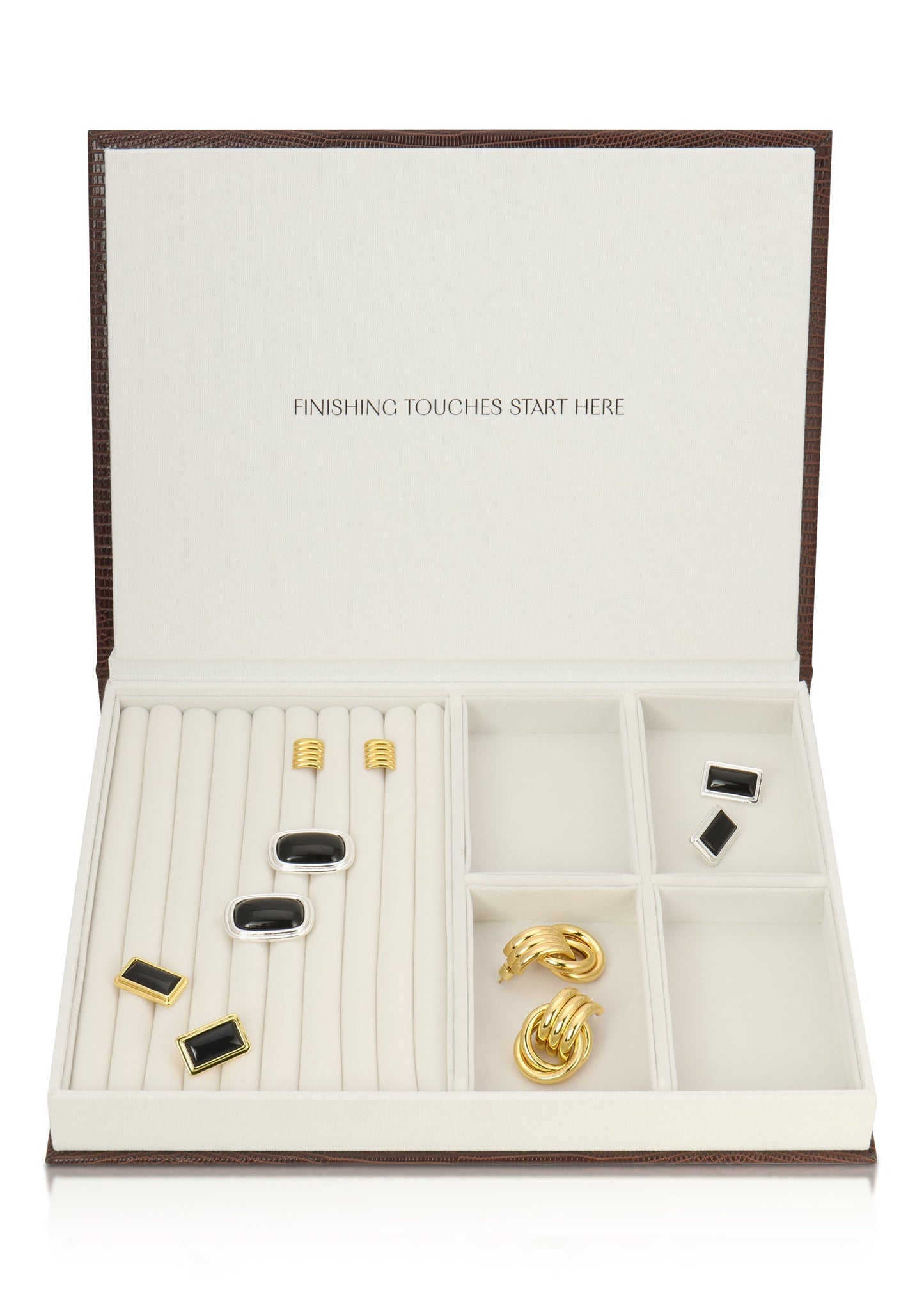 Jewelry set in an open jewelry box with 'Finishing Touches Start Here' text.