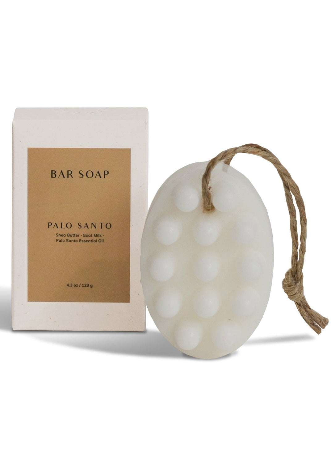 Bar soap with packaging labeled 'Palo Santo' on a white background