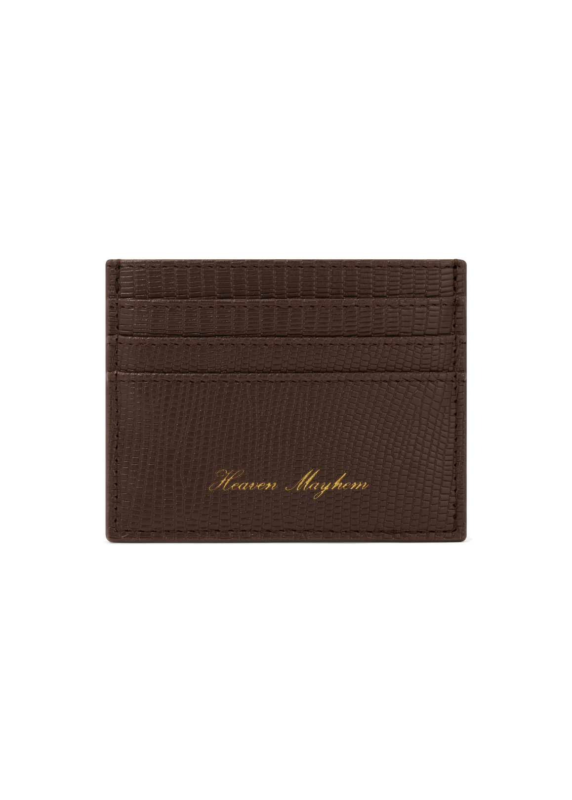 Brown cardholder with 'Heaven Meyhem' branding on a white background