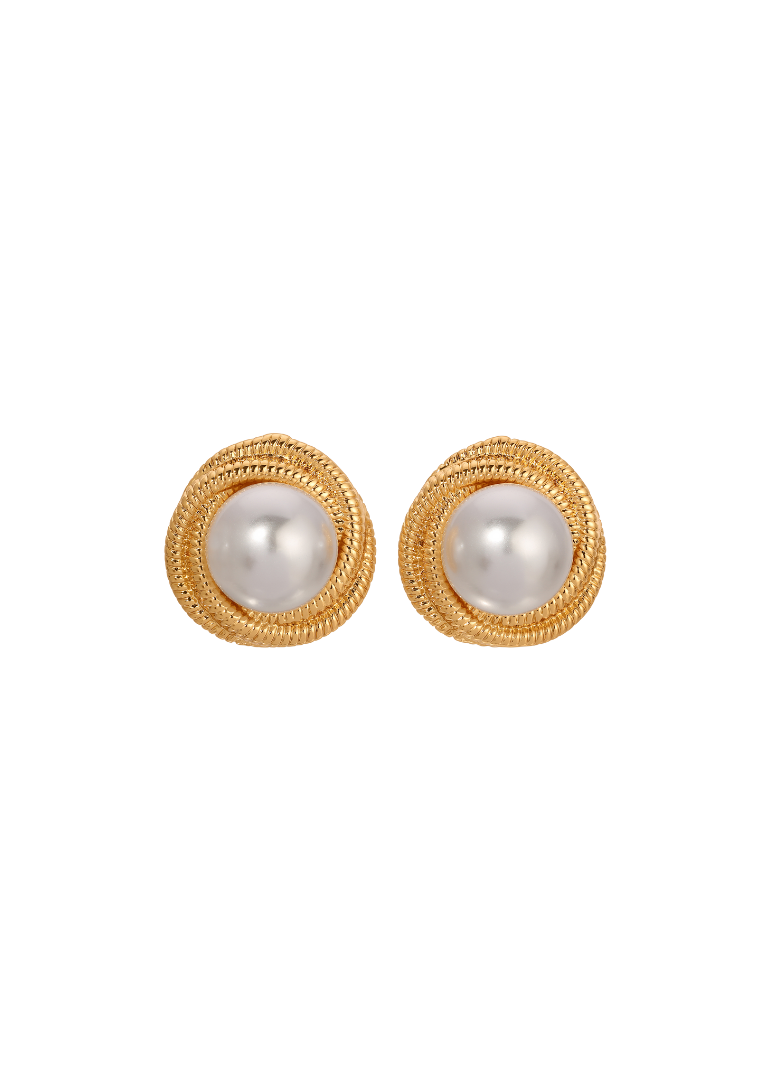 Pair of gold earrings with pearl centers on a white background
