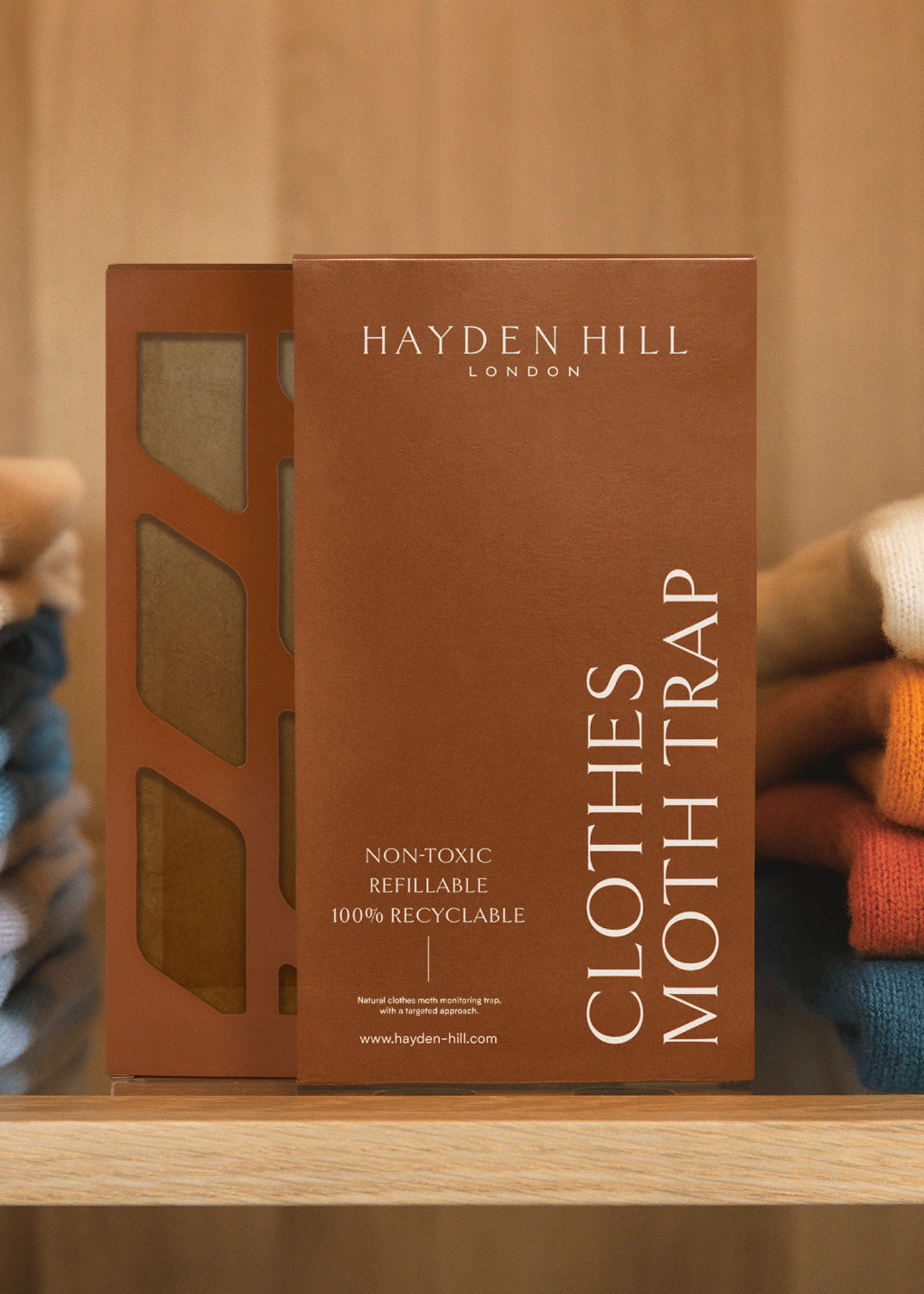 Hayden Hill Clothes Moth Trap in packaging on a closet shelf