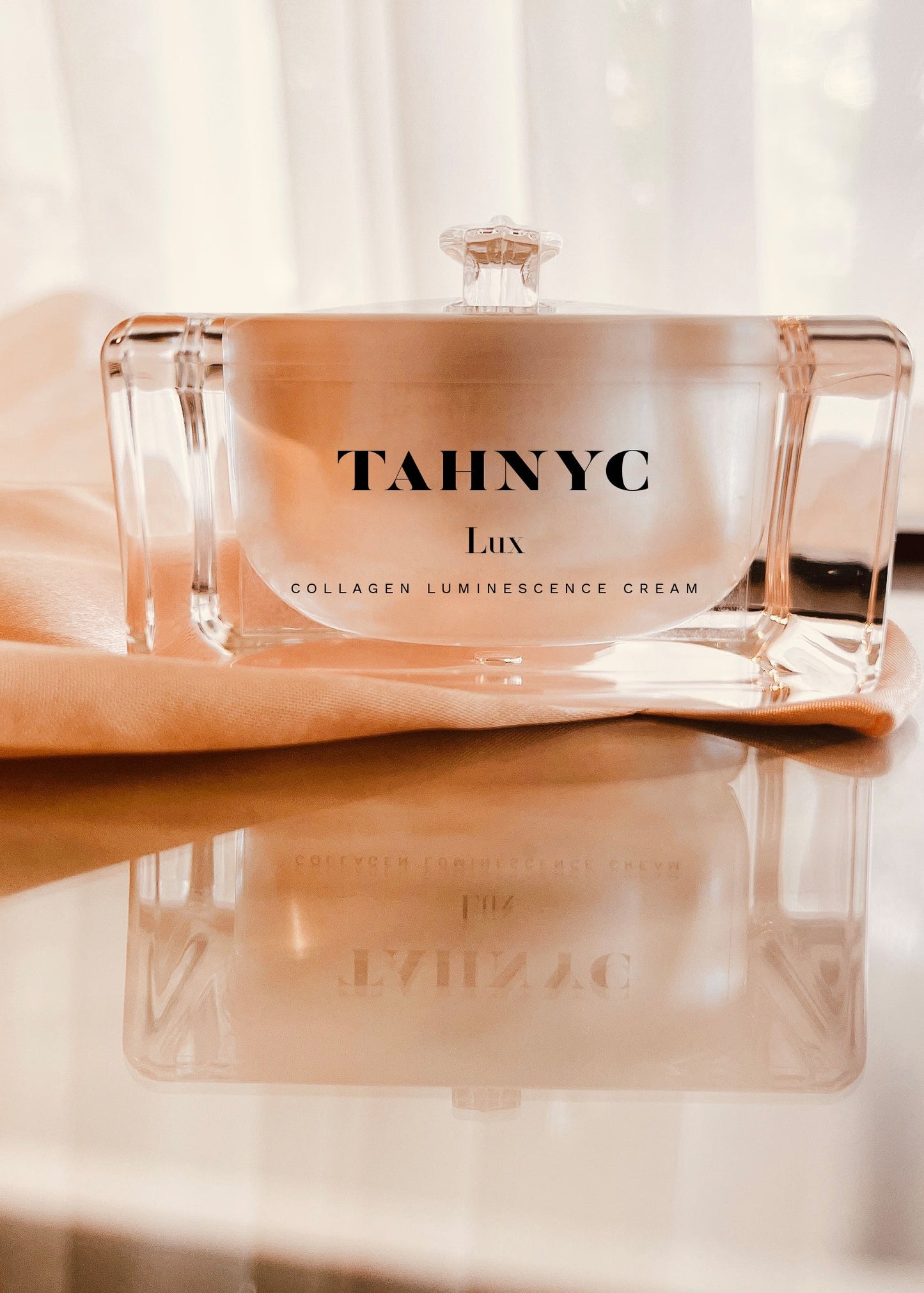 Collagen luminescence cream with 'TAHNYC' branding on a reflective surface.