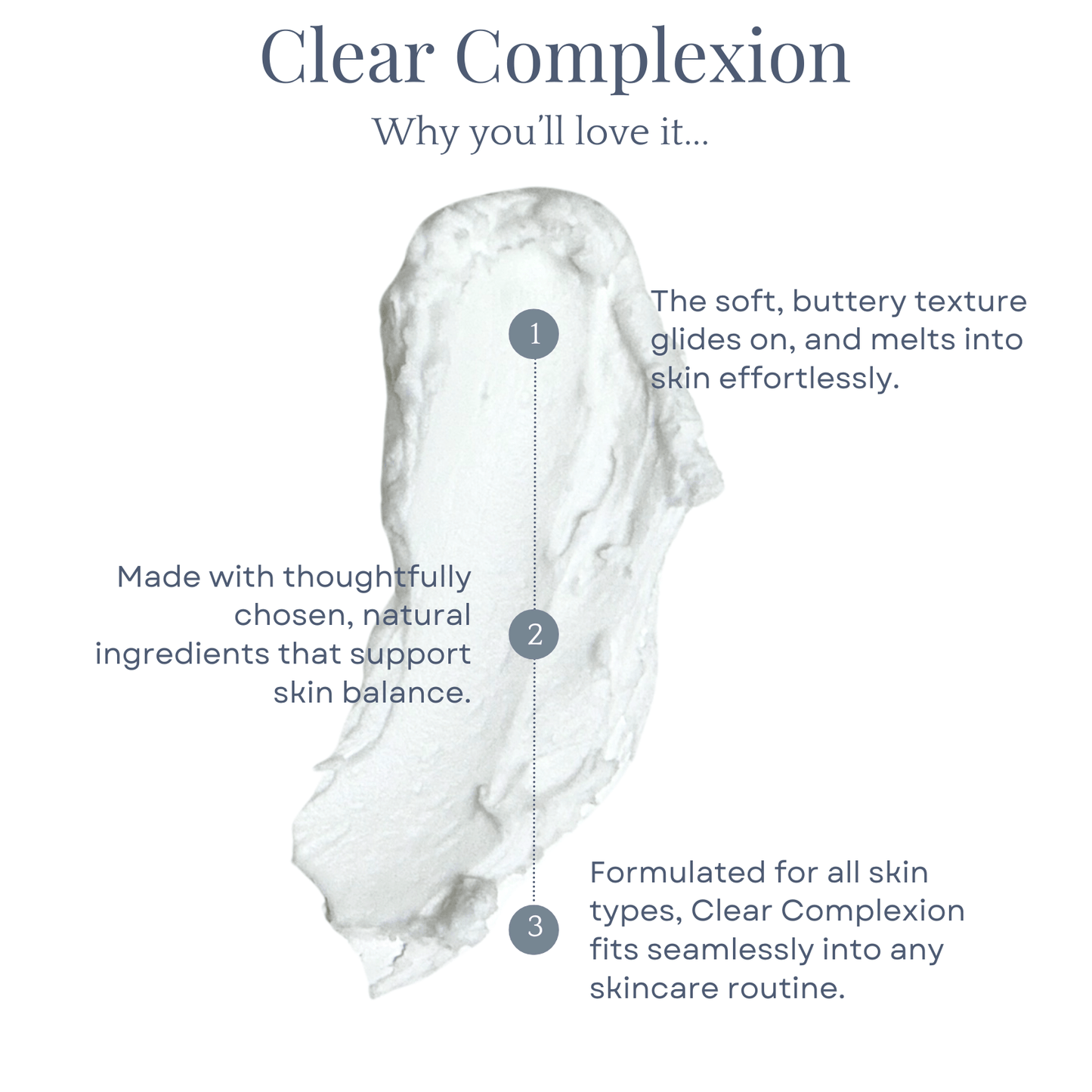 Text description of a skincare product with text about its texture, ingredients, and compatibility.