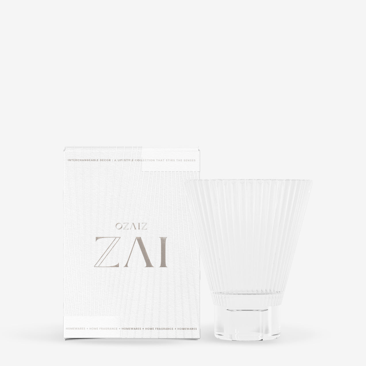Clear ribbed glass and packaging with 'ZAI' branding on a white background
