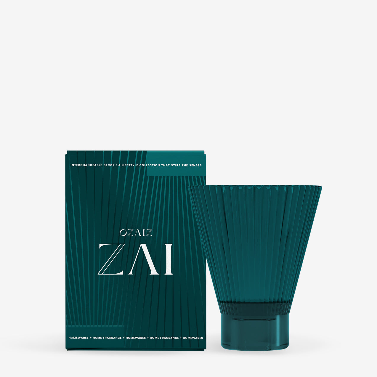 Teal candle and packaging with 'Ozaiz Zai' branding on a white background