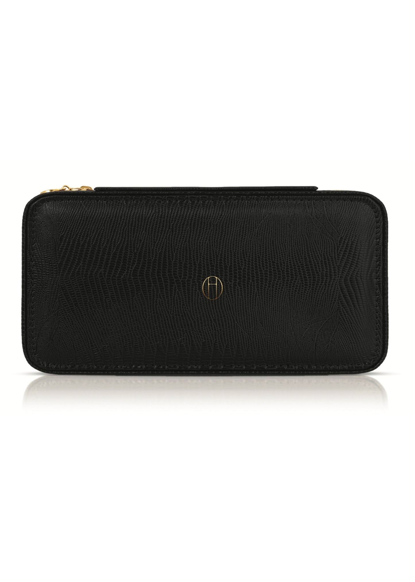 Black leather jewelry case with a brand logo on a white background