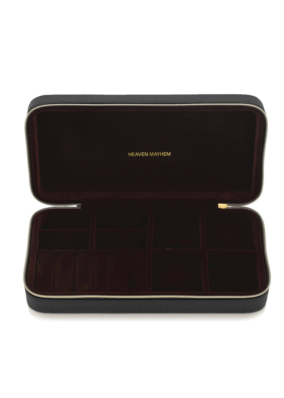 Black jewelry case with 'Heaven Mayhem' branding on a white background