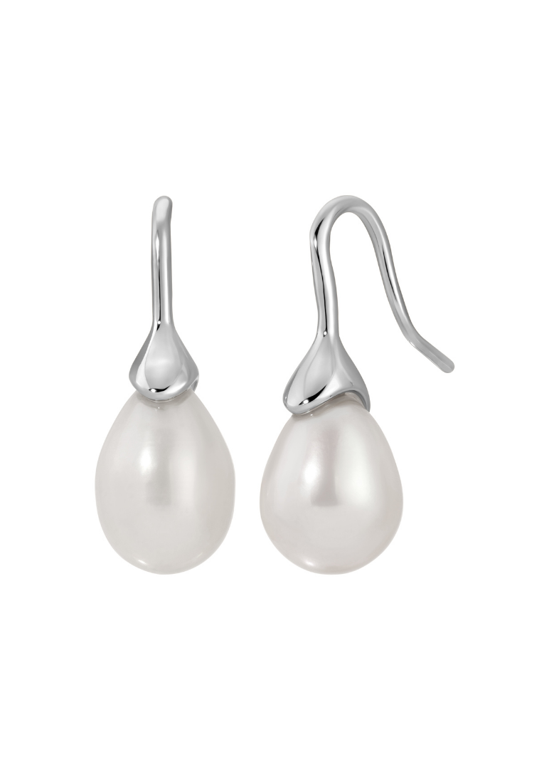 Pearl drop earrings with silver hooks on a white background