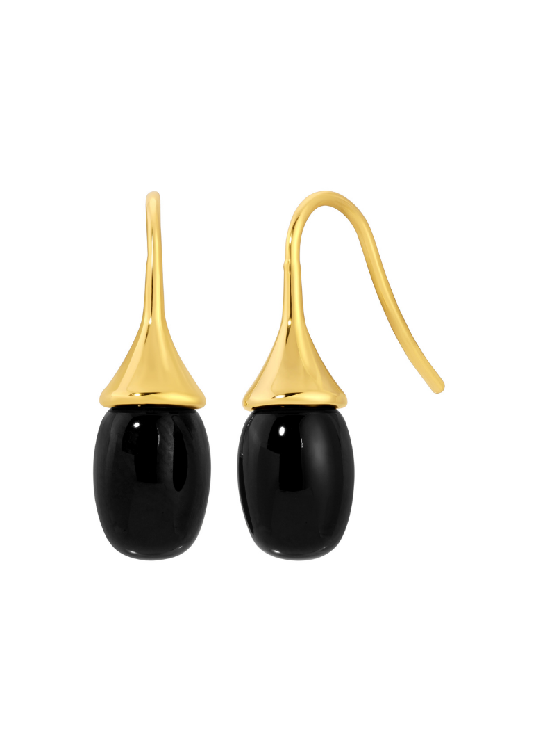 Gold earrings with black beads on a white background