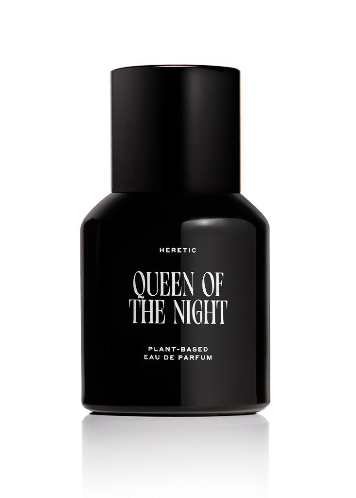 Black perfume bottle labeled 'Queen of the Night' by Heretic on a white background