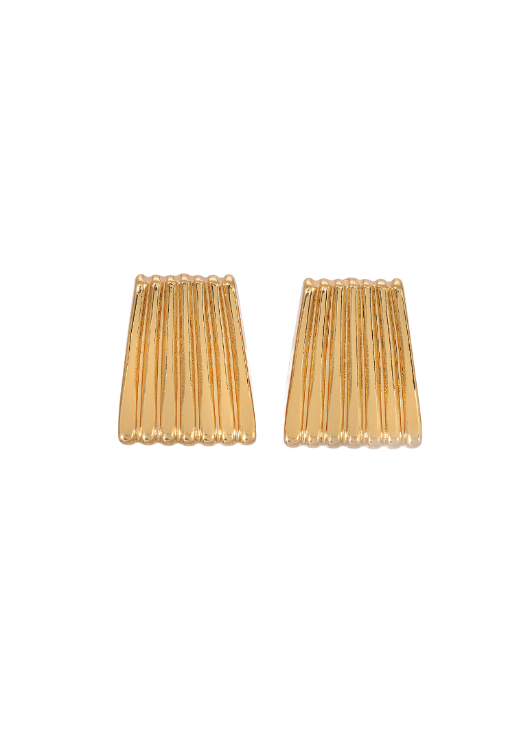 Pair of gold ribbed earrings on a white background