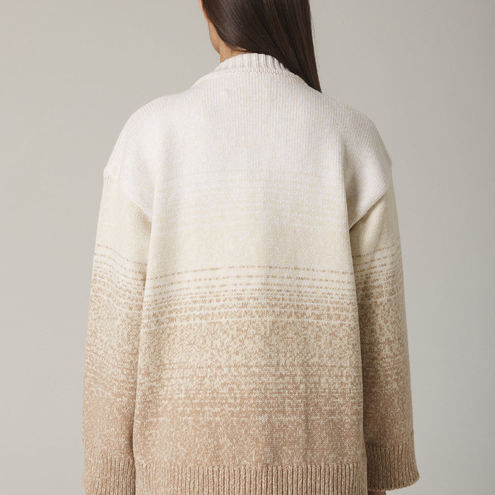 
                  
                    Back view of the cardigan in Sand Combo ombré featuring drop shoulders and a relaxed silhuette 
                  
                