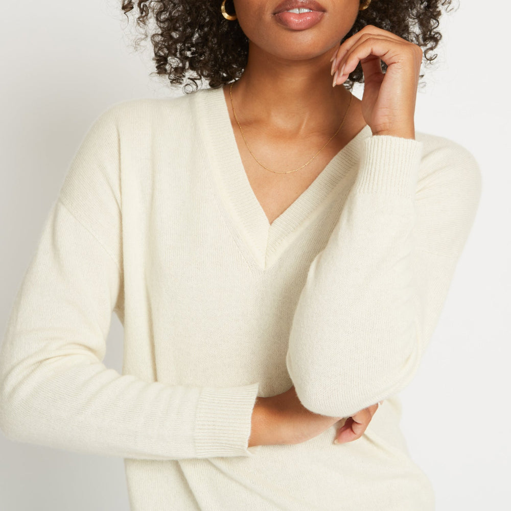 
                  
                    CRISTA 3D KNITTED V-NECK CASHMERE SWEATER IN SUGAR
                  
                