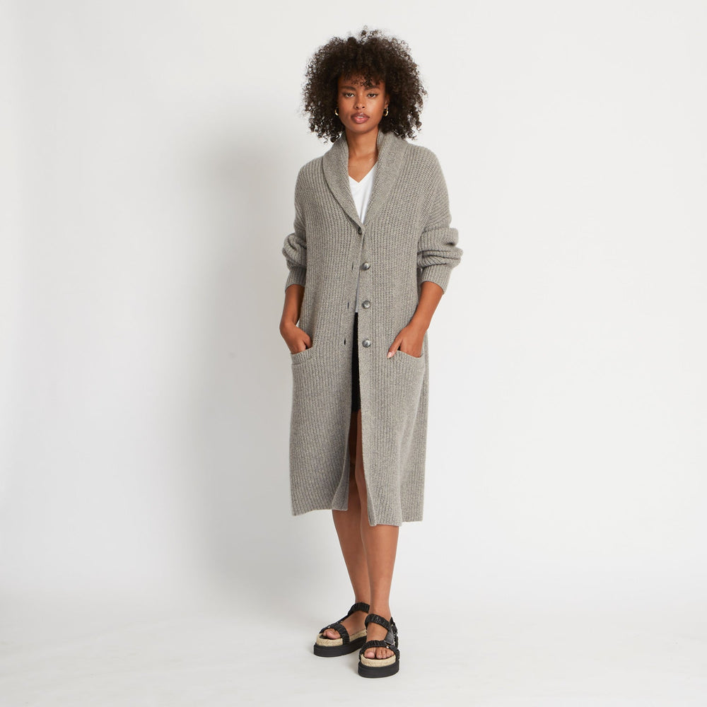 MARA PURE CASHMERE RIBBED SWEATER COAT IN GRANITE