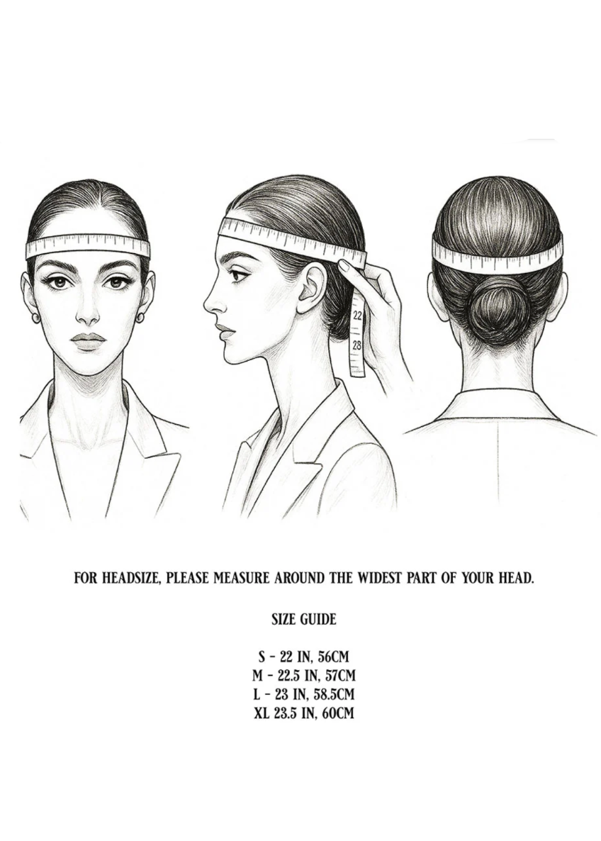 Illustration of a woman measuring head size with a milliner's headband, showing front, side, and back views.