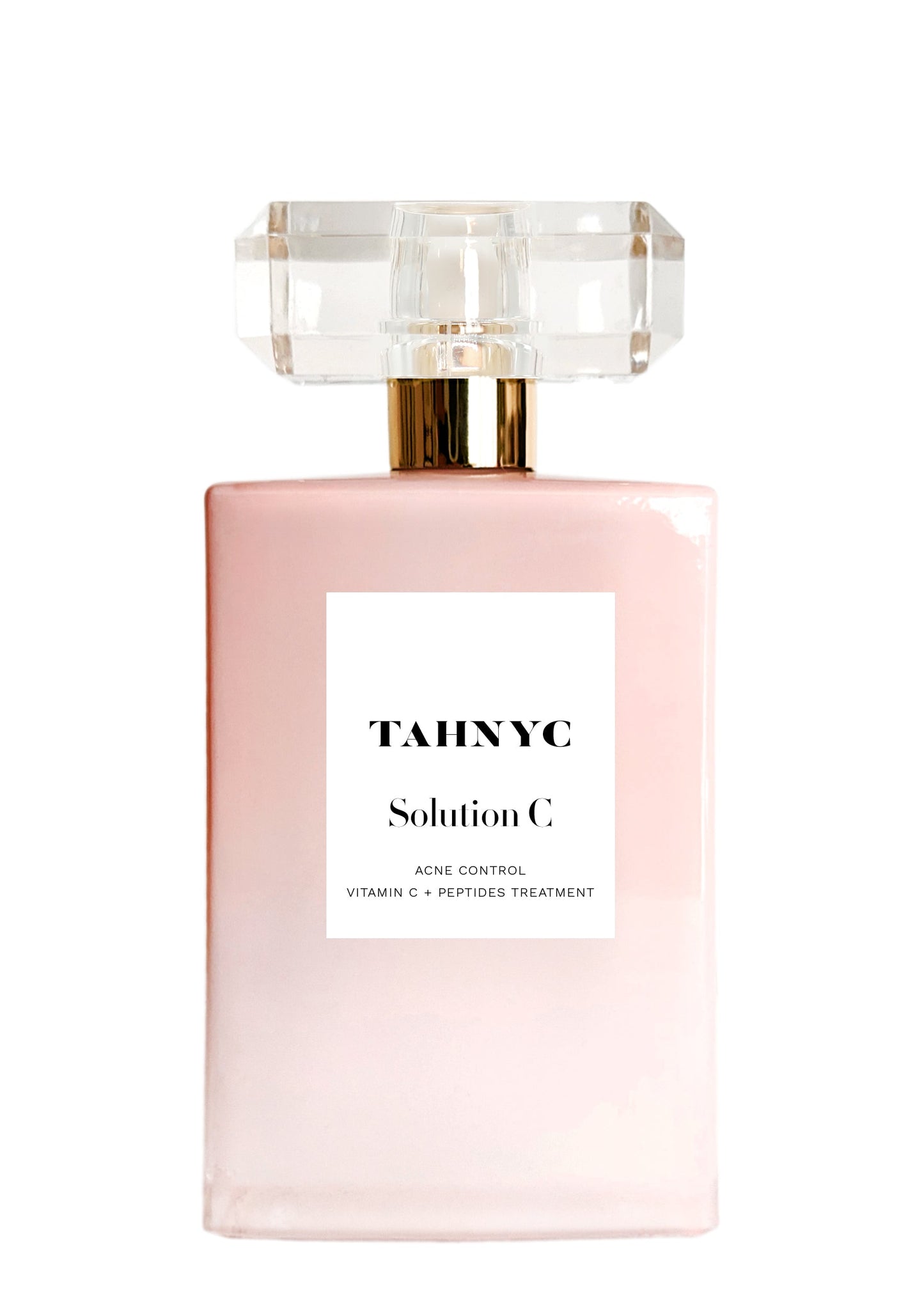 Pink bottle of TAHNYC Solution C on a white background