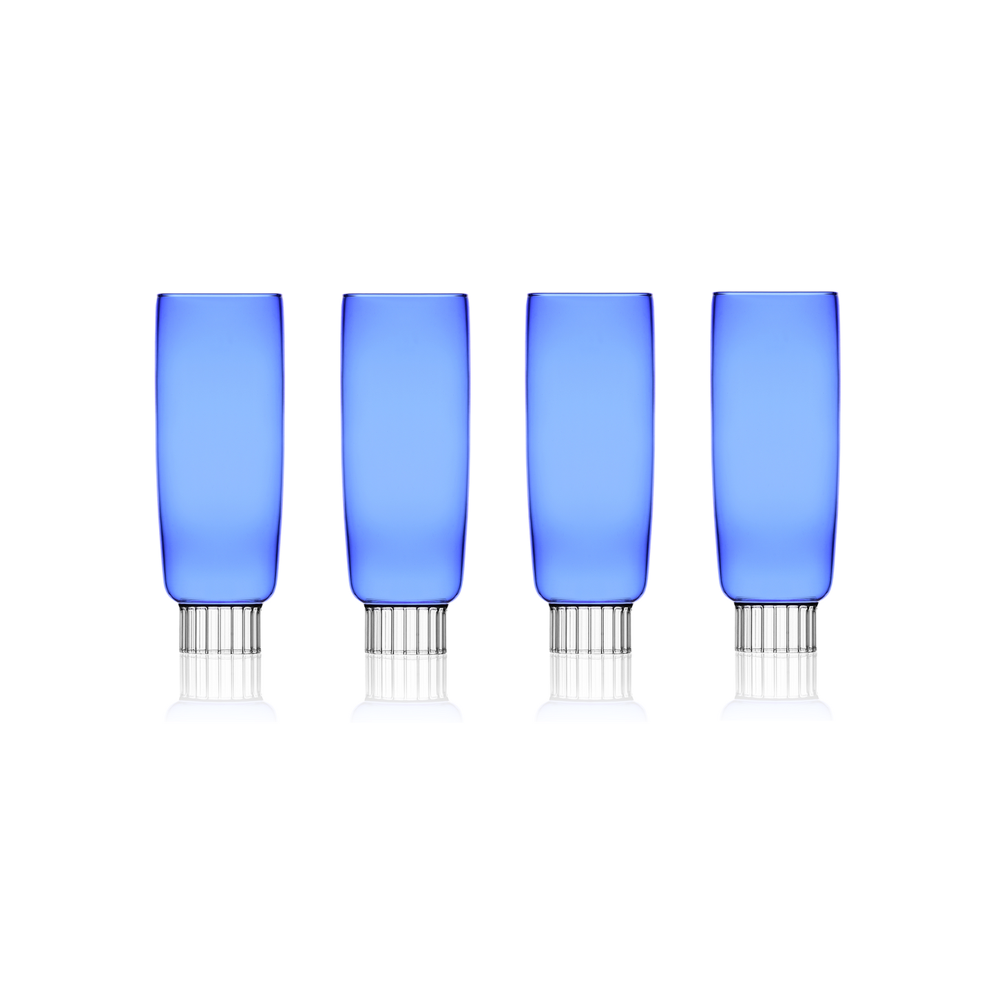 Four blue cylindrical champagne flutes with clear bases