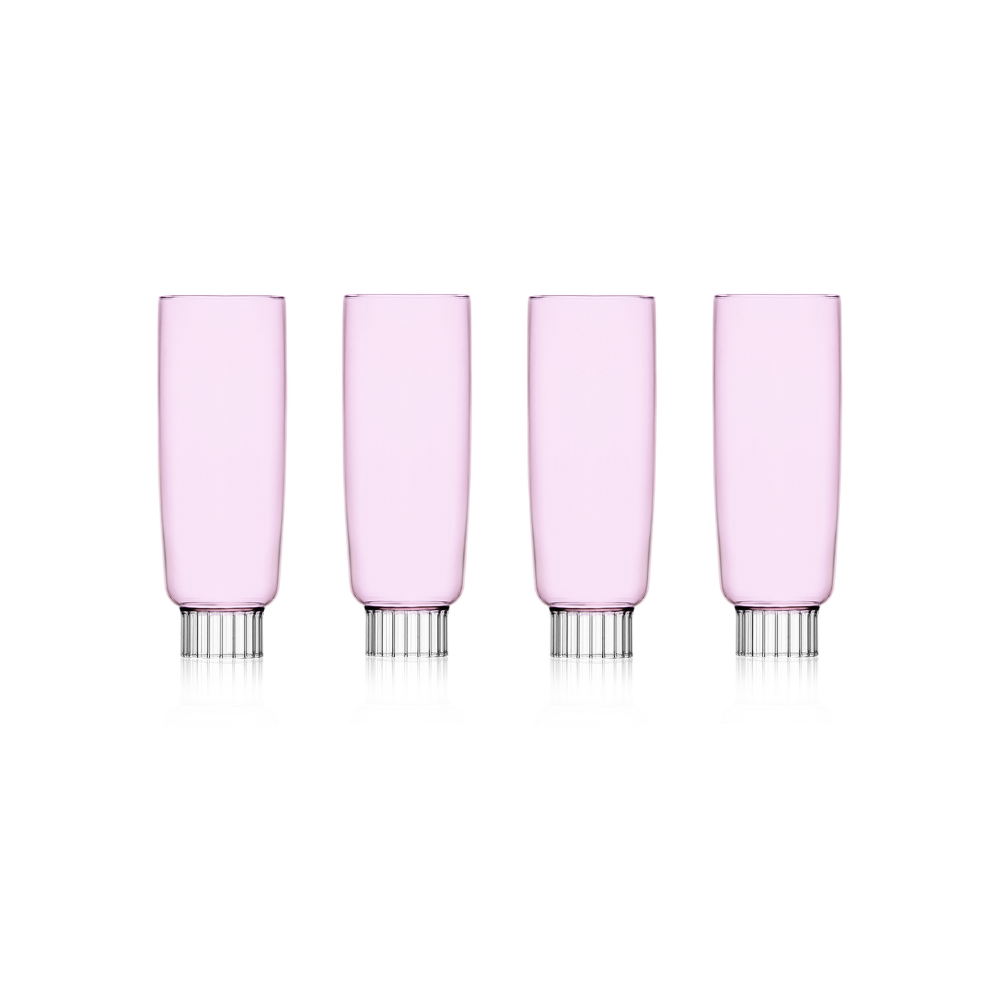 Four pink  champagne glasses with clear base