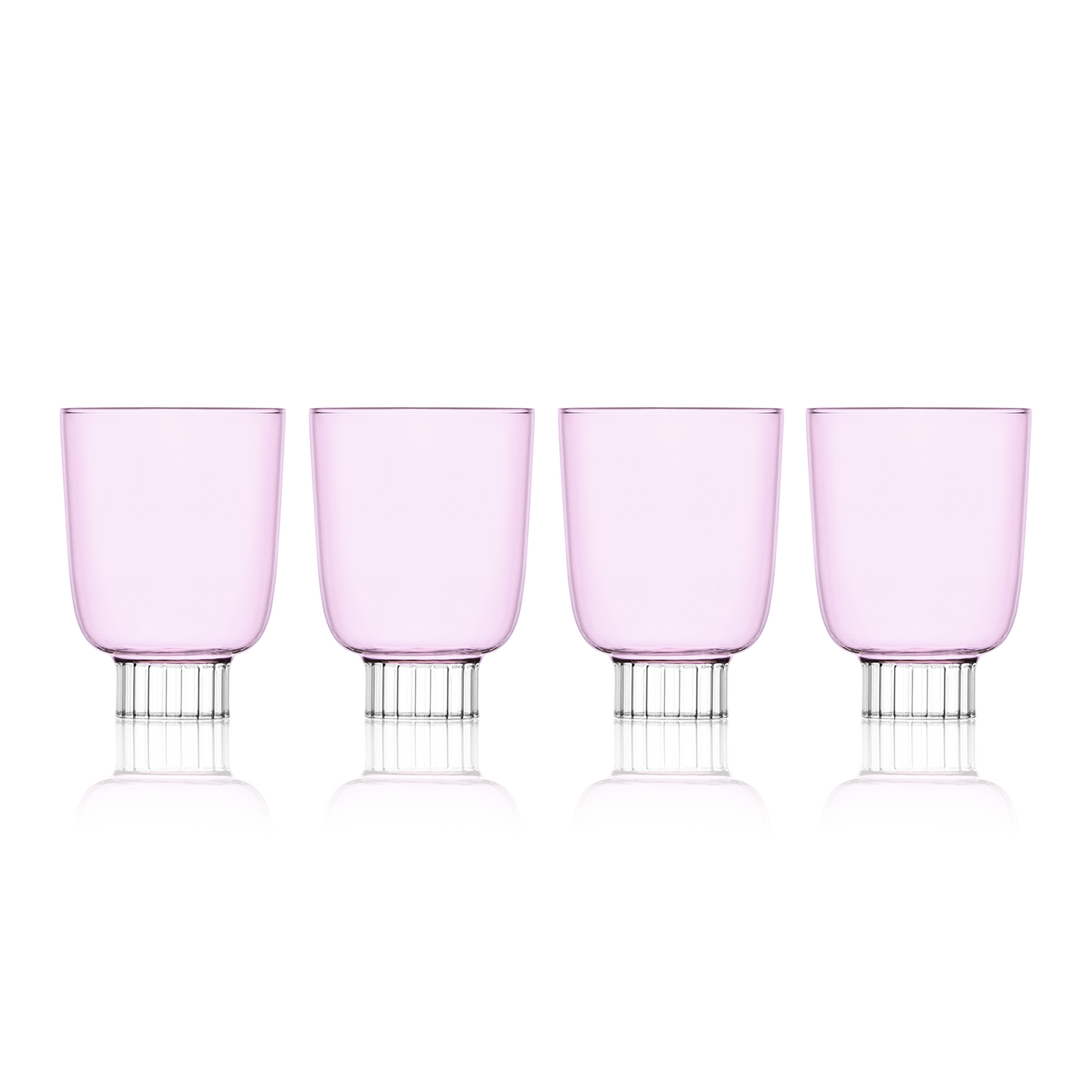 Four pink glasses with clear bases on a white background