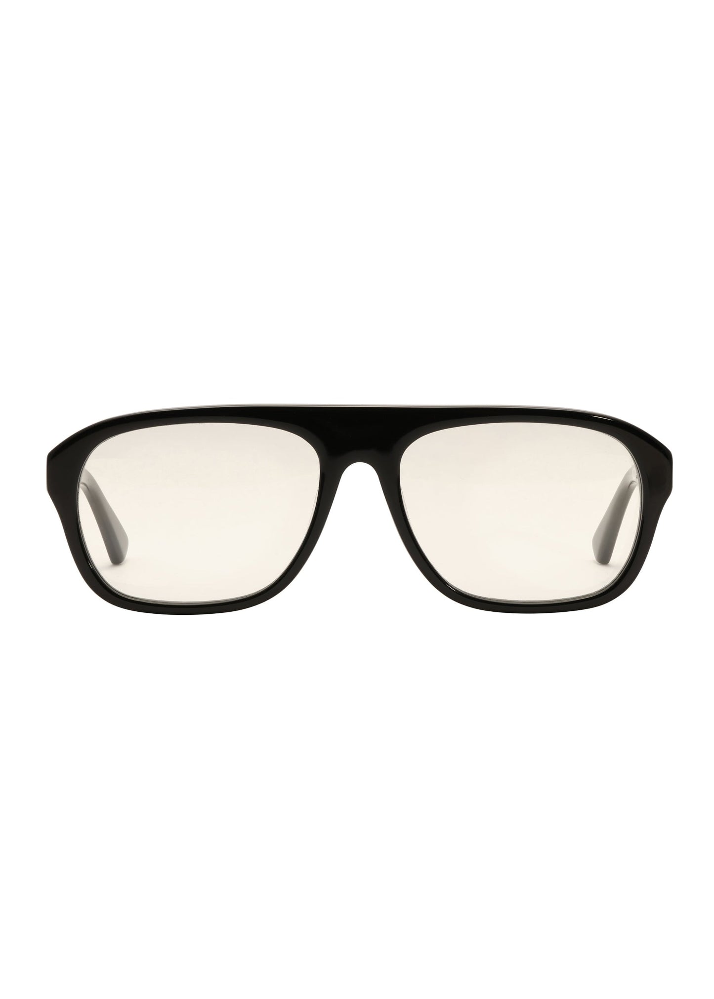 Black-framed glasses with white lenses on a white background