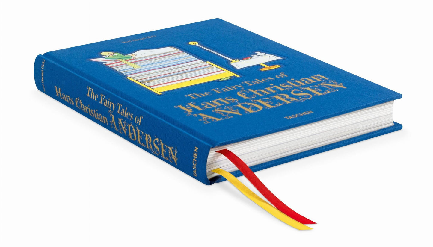 Blue book titled 'The Fairy Tales of Hans Christian Andersen' on a white background