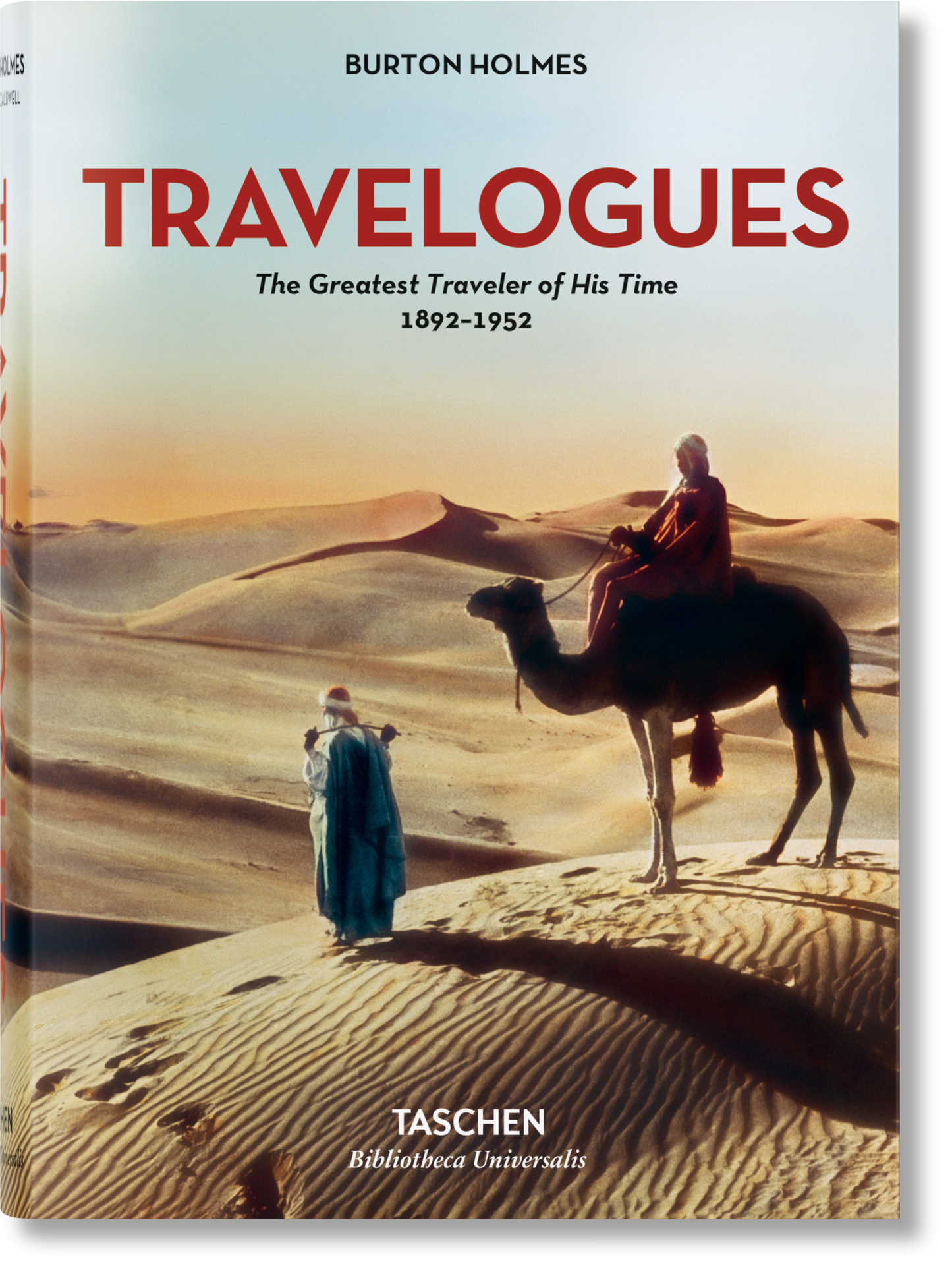 Book cover of 'Travelogues' by Burton Holmes with desert scene and camel imagery.