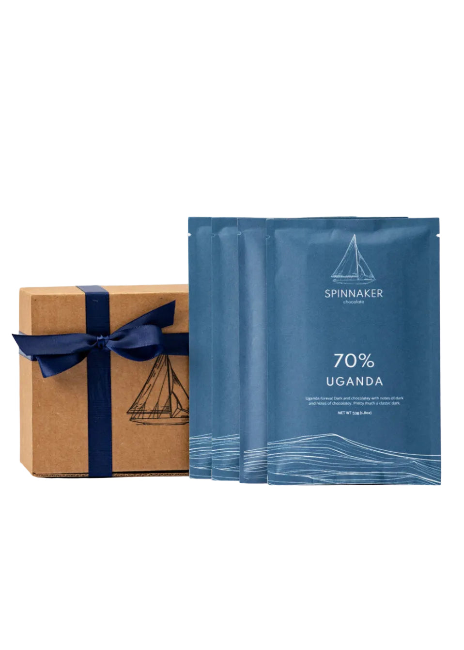 Blue Spinnaker chocolate packaging with a brown box featuring a blue ribbon on a white background