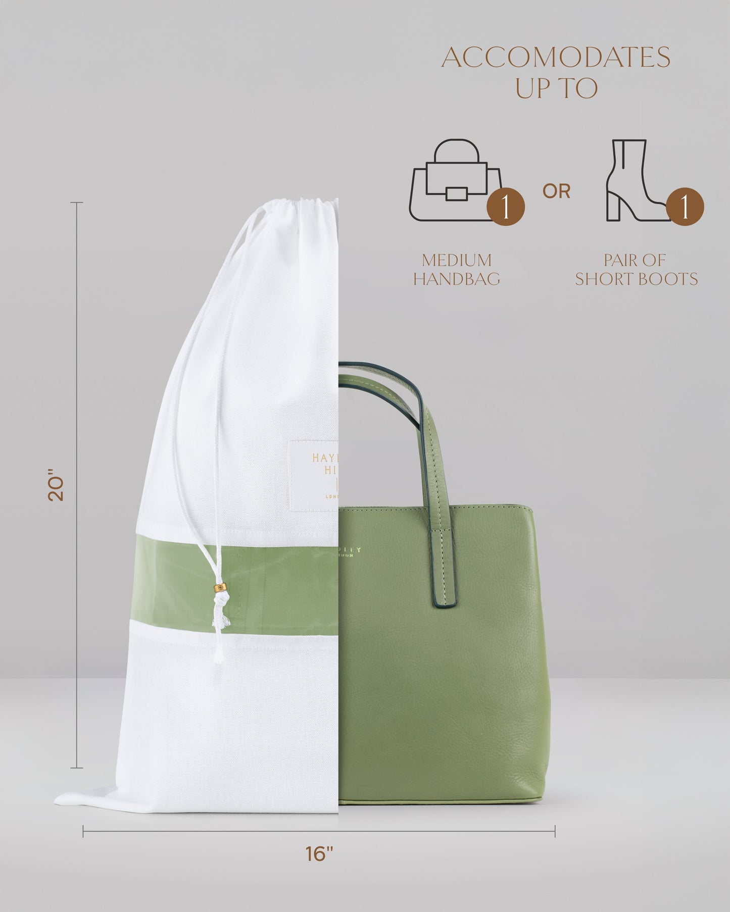 Green tote bag with white drawstring bag, dimensions displayed, on a light gray background