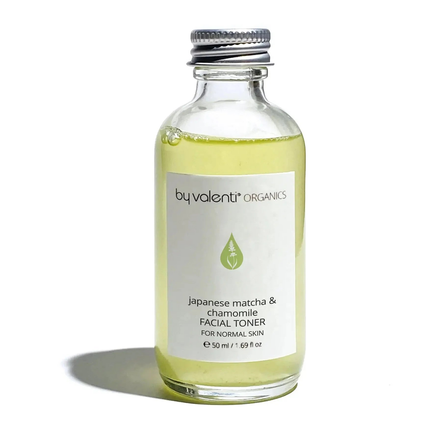 Bottle of By Valenti Organics Japanese matcha & chamomile facial toner on a white background