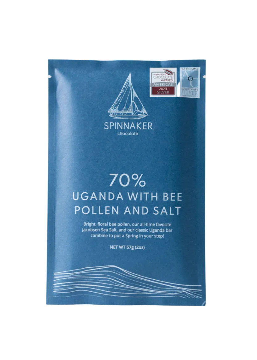 Blue Spinnaker chocolate packaging with text on a white background