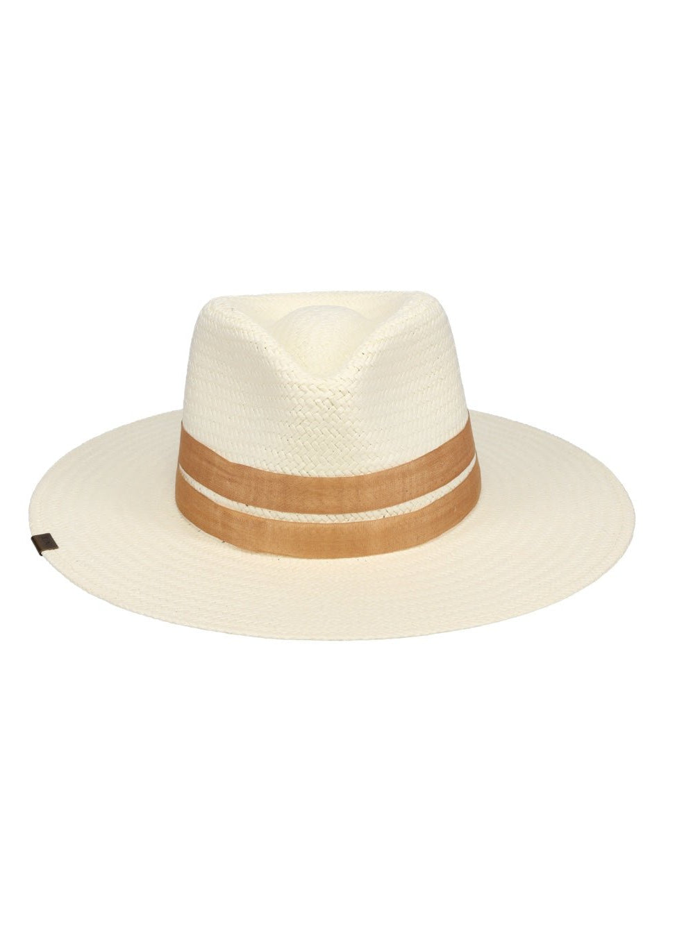 Beige straw hat with a brown band on a white background
