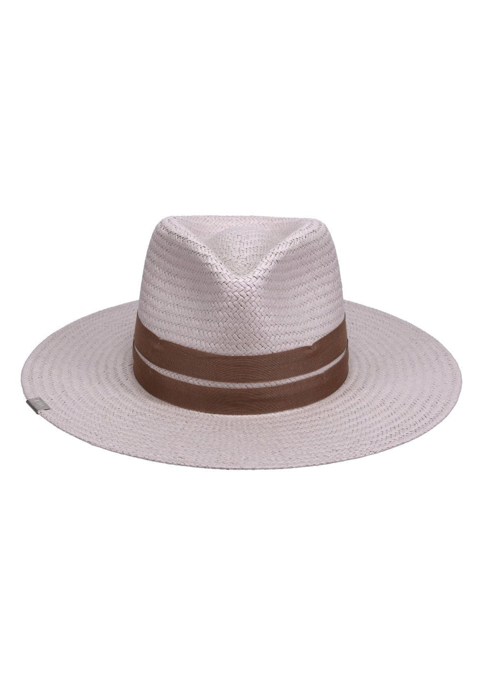 Gray straw hat with a brown band on a white background