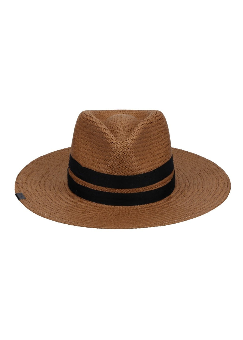 Brown straw hat with a black band on a white background