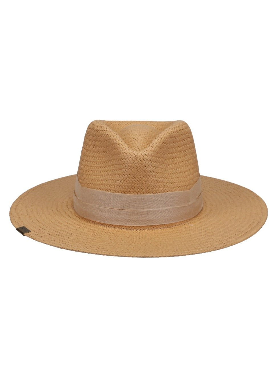 Beige straw hat with a band on a white background