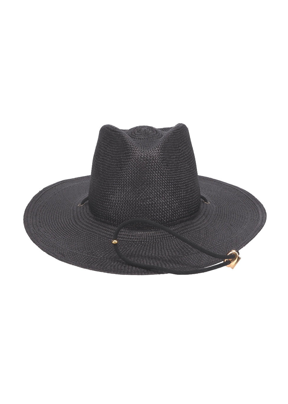 Black straw hat with a wide brim on a white background