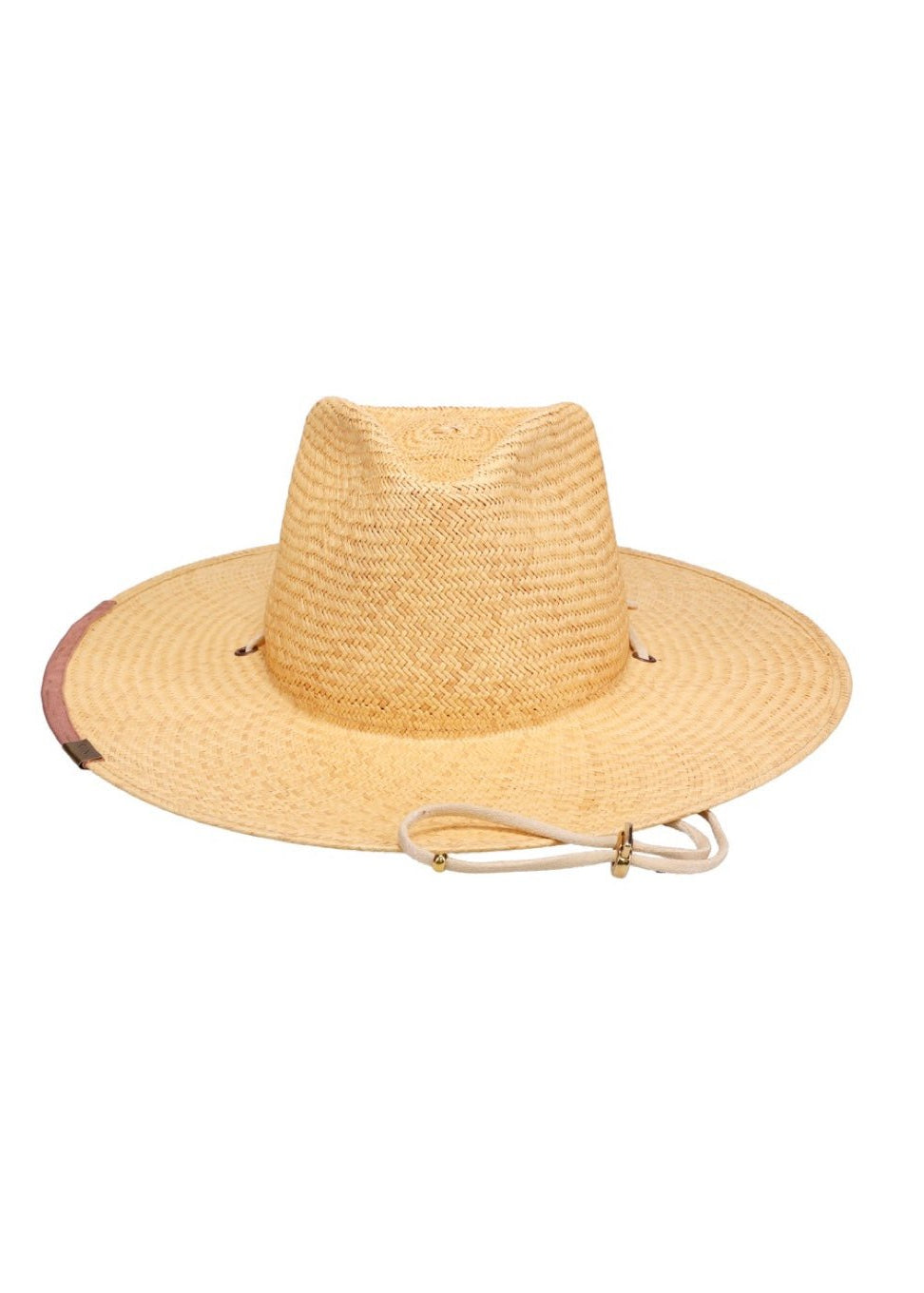 Beige straw hat with a wide brim on a white background