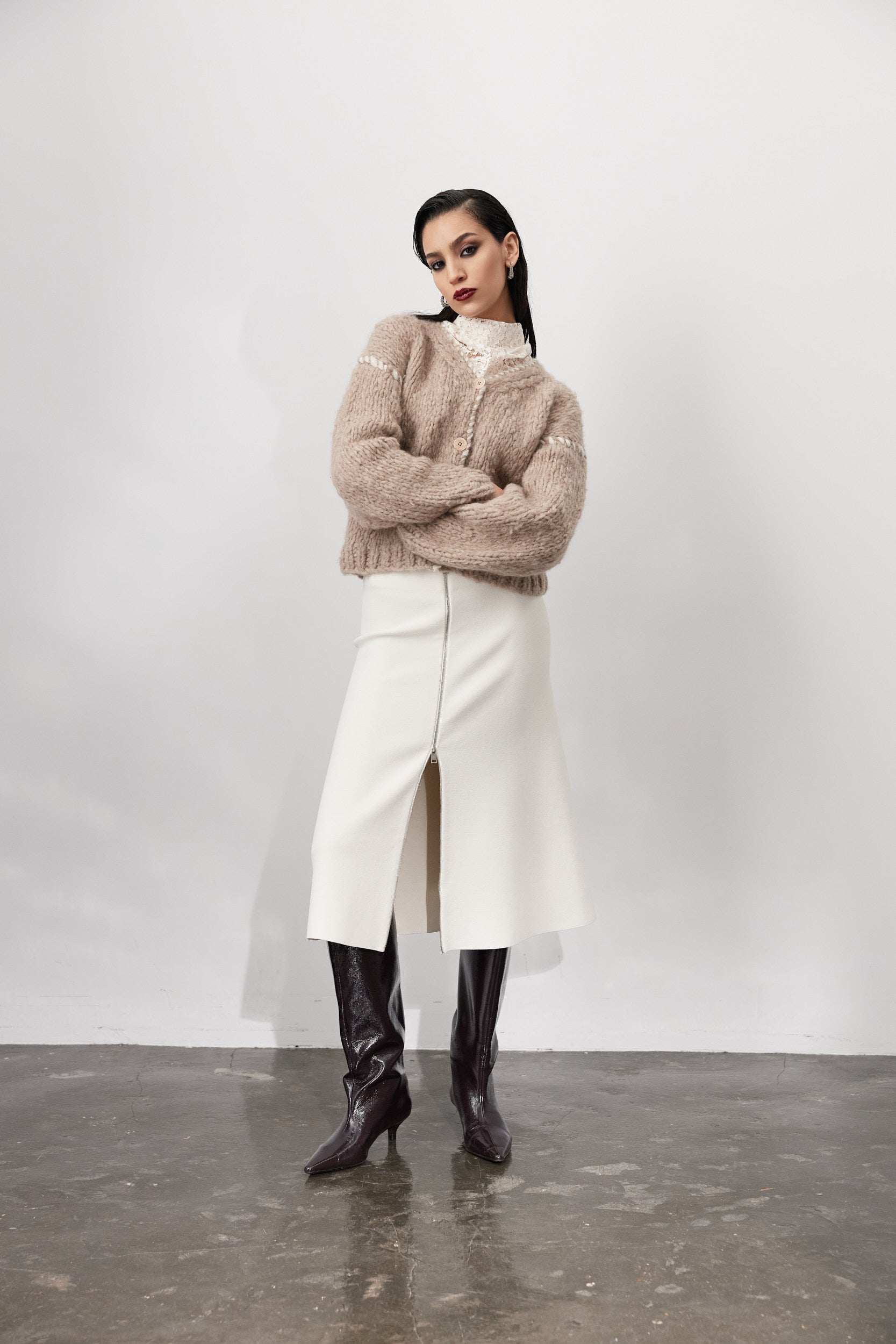 PAULA CIRCULAR KNIT A-LINE SKIRT WITH METAL ZIPPER IN SUGAR
