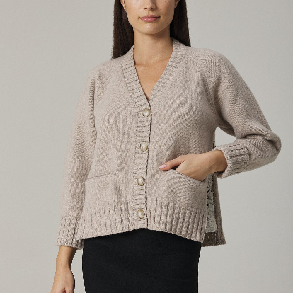 
                  
                    BROOK CASHMERE BLEND CARDIGAN WITH LACE INSERTS IN OAT
                  
                