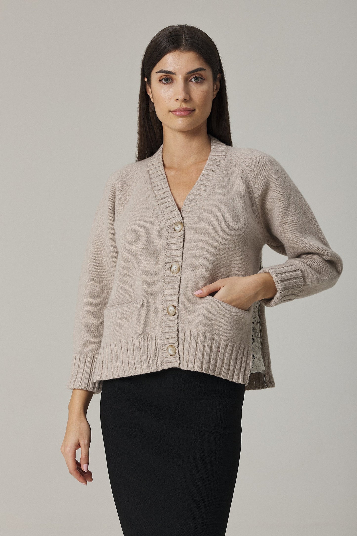 
                  
                    BROOK CASHMERE BLEND CARDIGAN WITH LACE INSERTS IN OAT
                  
                